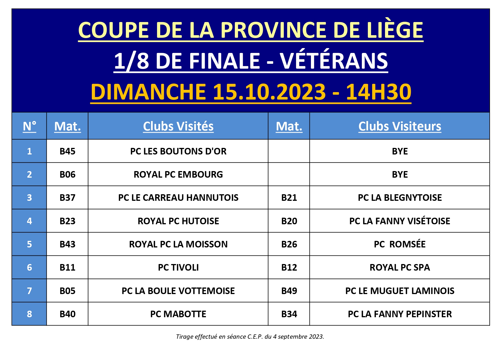 TIRAGE 1 8 finale VETERANS Coupe de Province 2023 2024