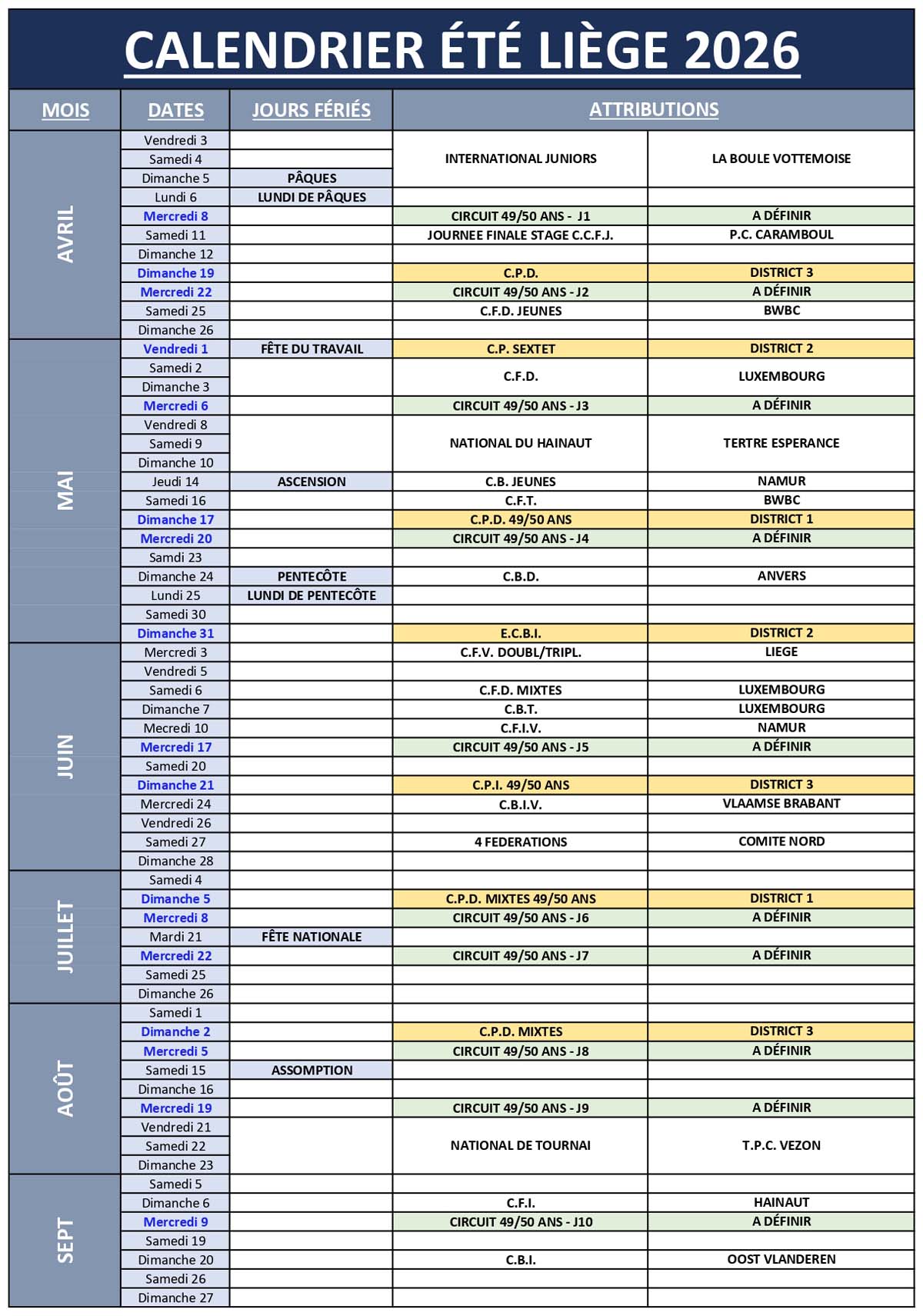 Agrandir l'affiche FBFP Calendrier 2026 Province de Liège